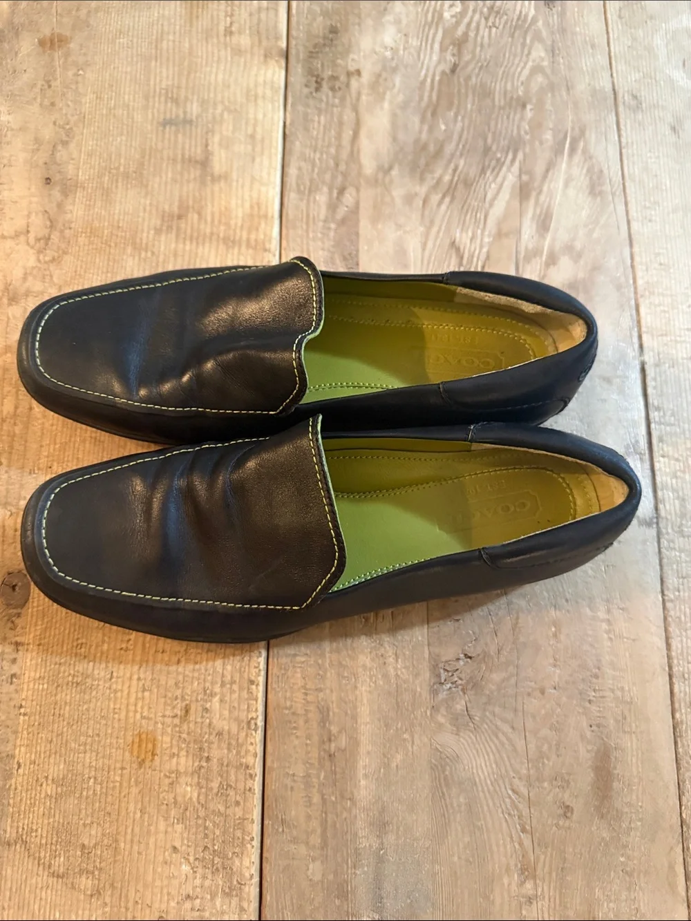 Coach Black Leather Slip-On Loafers with Green Interior